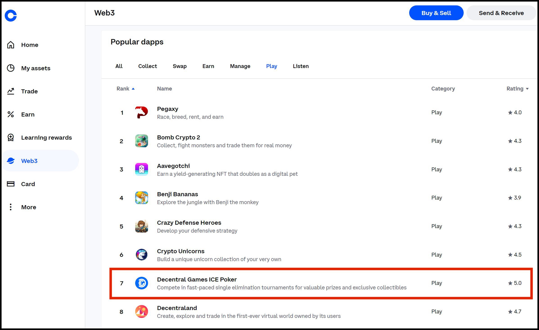 Coinbase Dapp rankings