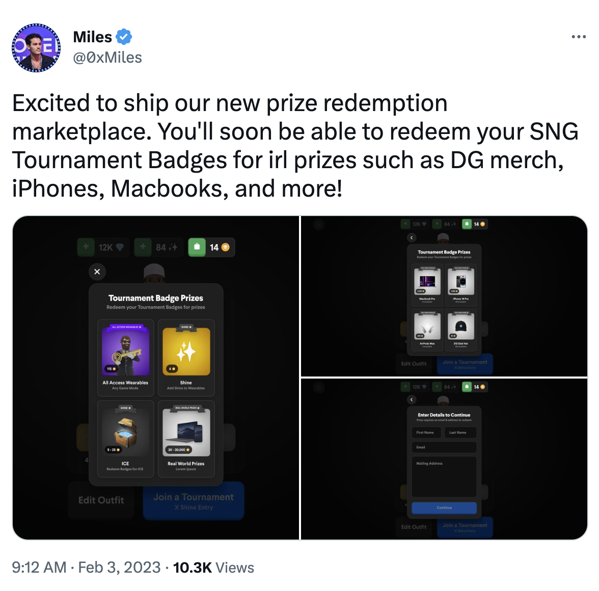 Miles' tweet about the new prizes