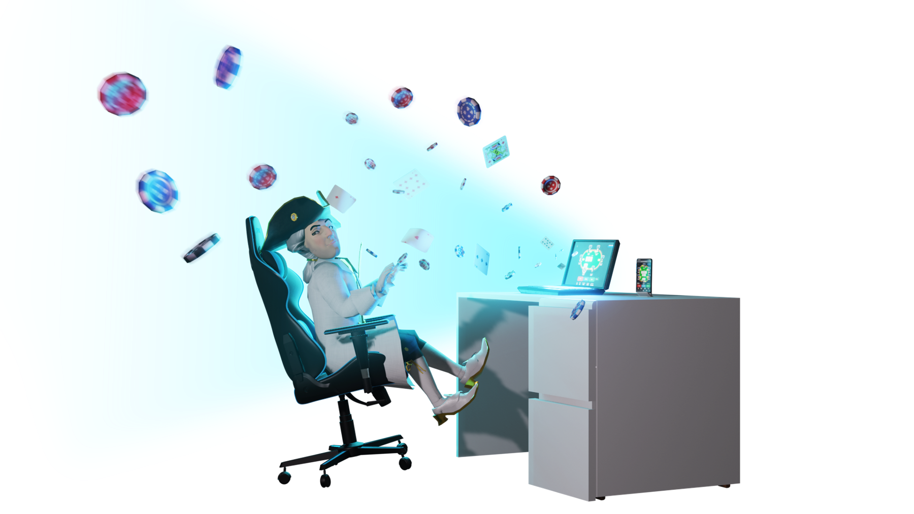 ICE Poker Founding Father at computer