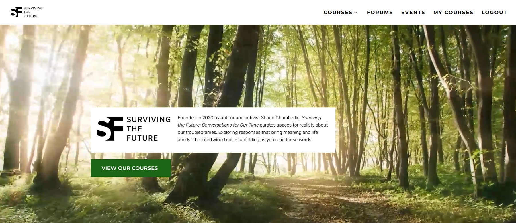 Website frontpage, featuring an animated image of a forest