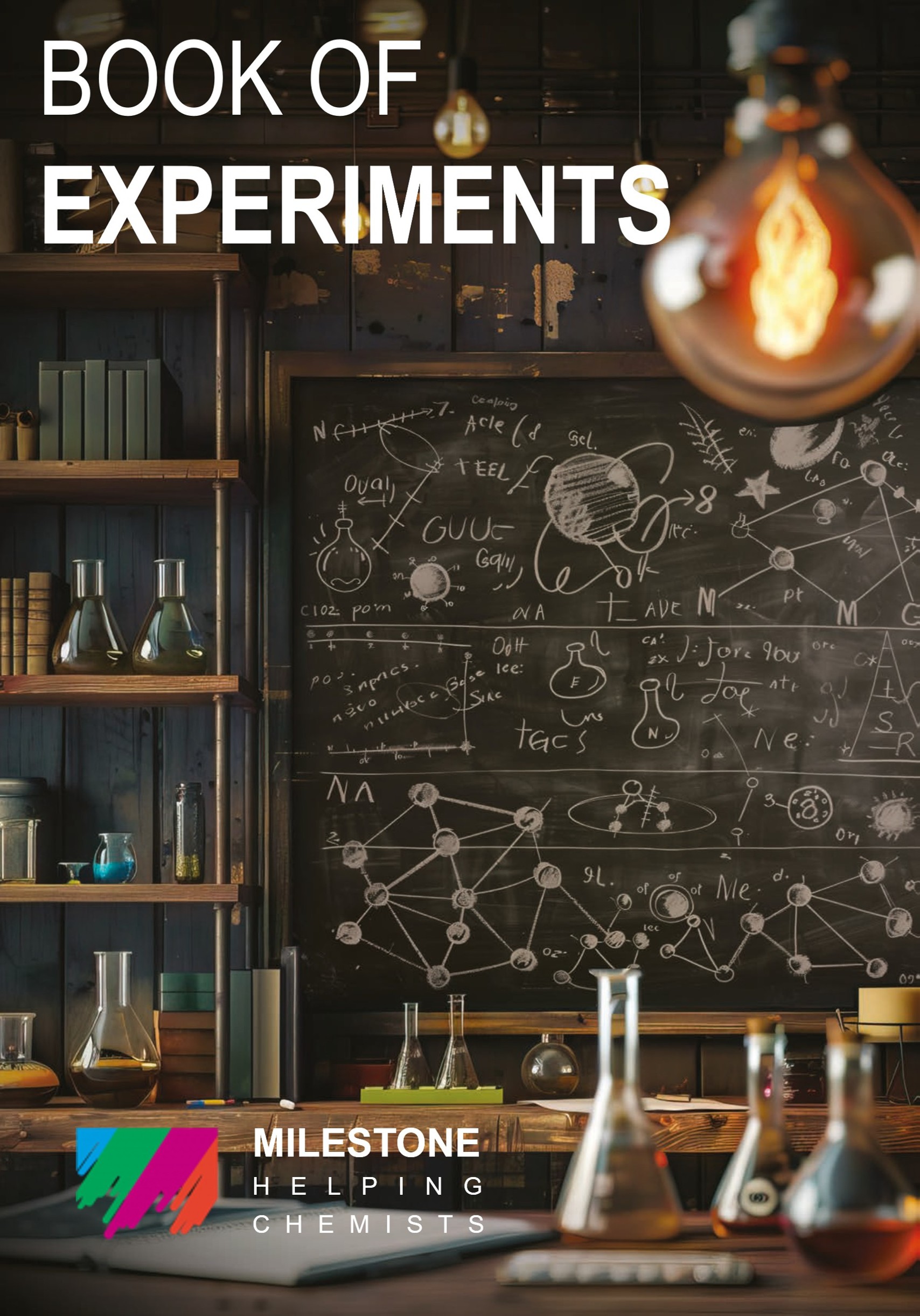 Book of Experiments eBook promotional image with lab glassware and chemistry diagrams.