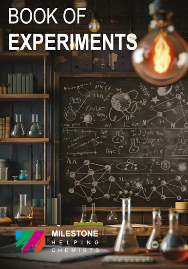 Book of Experiments eBook promotional image with lab glassware and chemistry diagrams.
