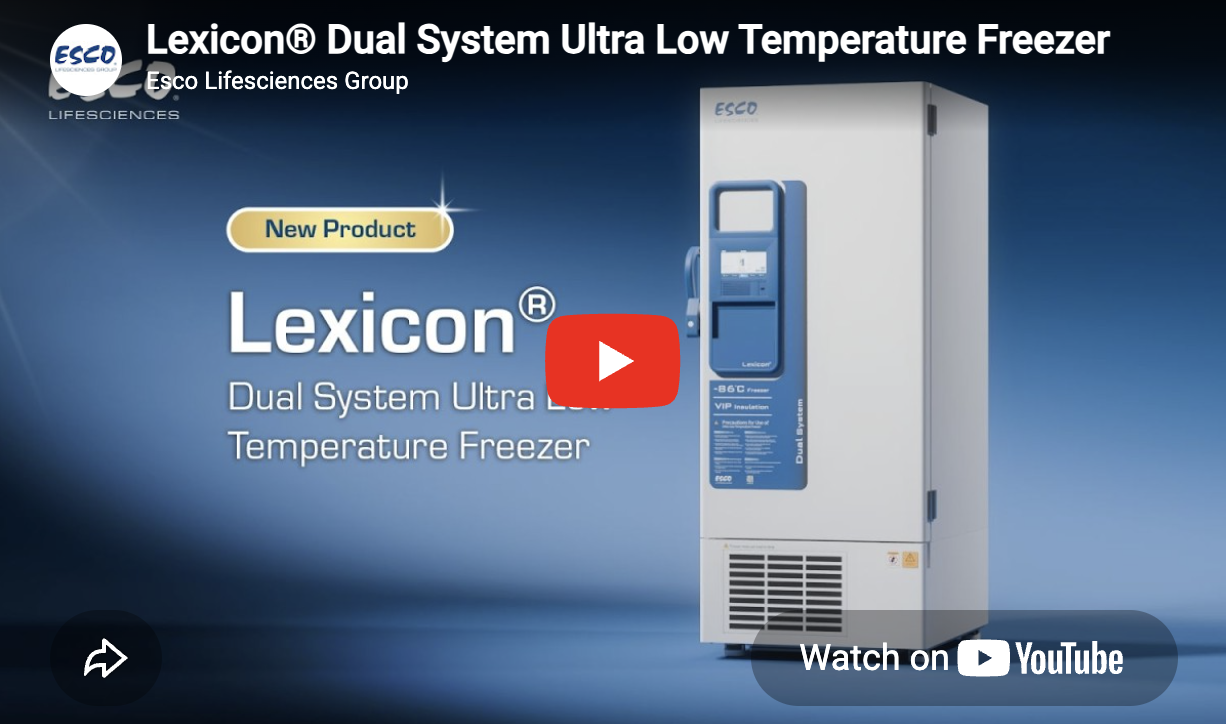 The Esco Lexicon Dual System ultra-low temperature freezer, highlighting the new laboratory freezer designed for secure low-temperature sample storage and research applications