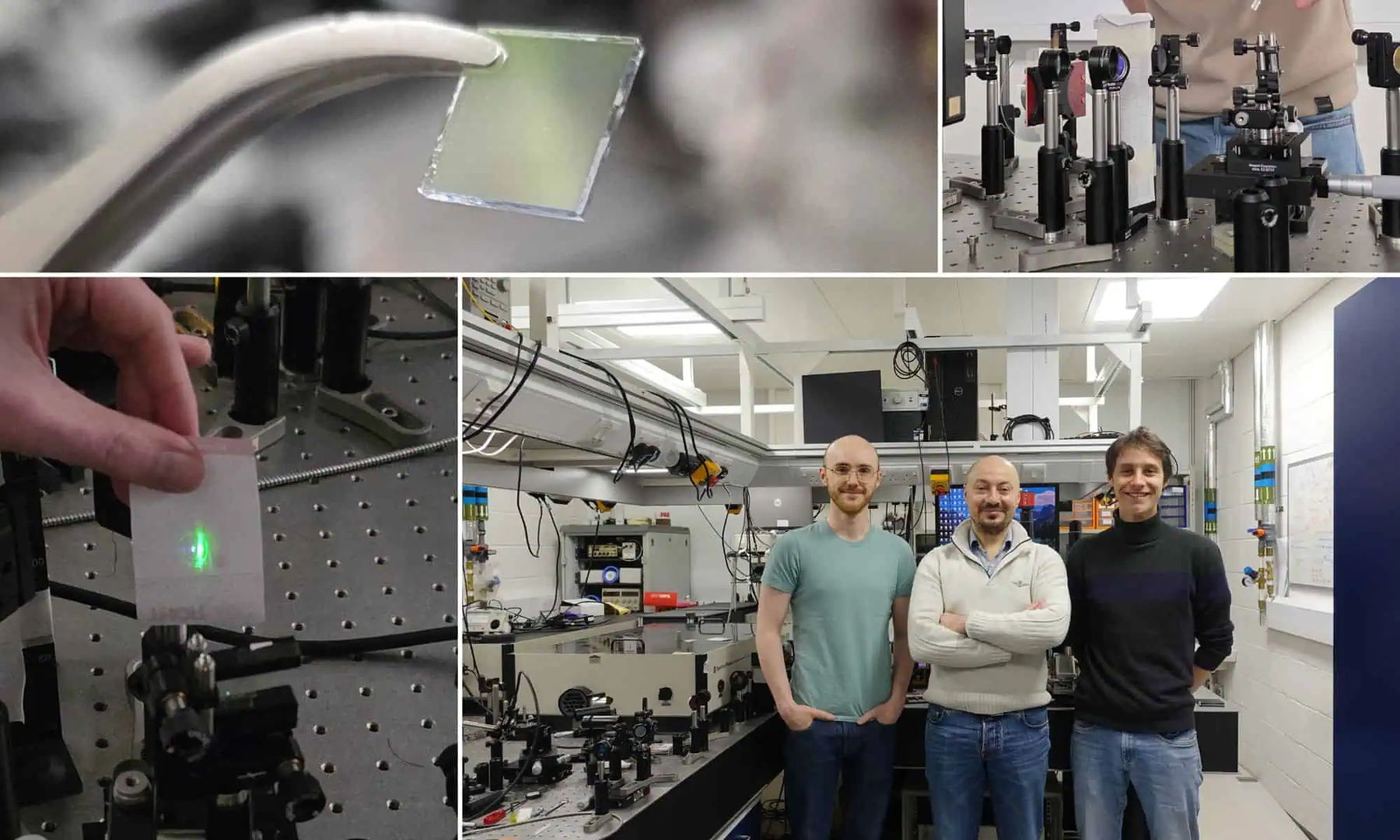 Collage showing Heriot-Watt University researchers and photonics laboratory equipment used in experiments to control and manipulate electromagnetic waves with light-based technology
