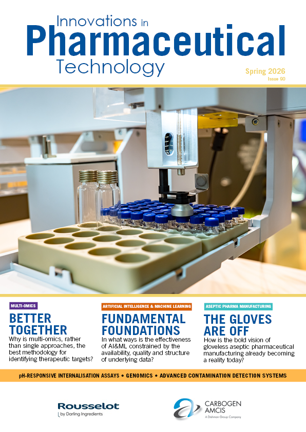 Front cover of Innovations in Pharmaceutical Technology (IPT) Spring 2026, Issue 90. The main image shows a robotic arm processing a tray of blue-capped glass vials in a laboratory setting