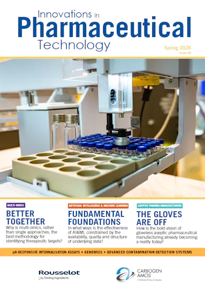 Front cover of Innovations in Pharmaceutical Technology (IPT) Spring 2026, Issue 90. The main image shows a robotic arm processing a tray of blue-capped glass vials in a laboratory setting