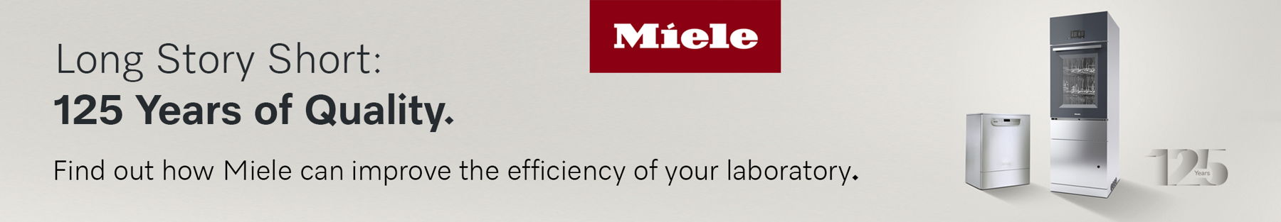 Promotional banner for Miele highlighting “125 Years of Quality” and laboratory equipment designed to improve lab efficiency