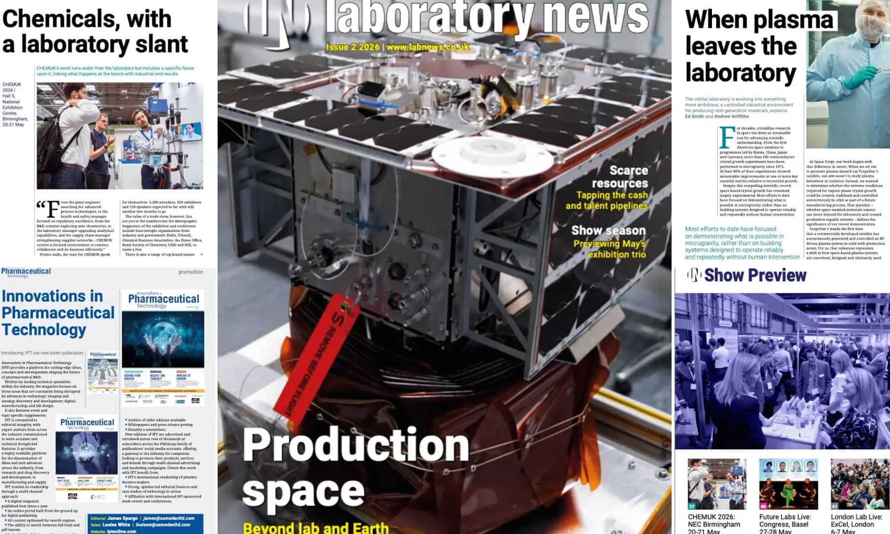 Promotional collage for Laboratory News Issue 2 2026 featuring a CHEMUK 2026 preview