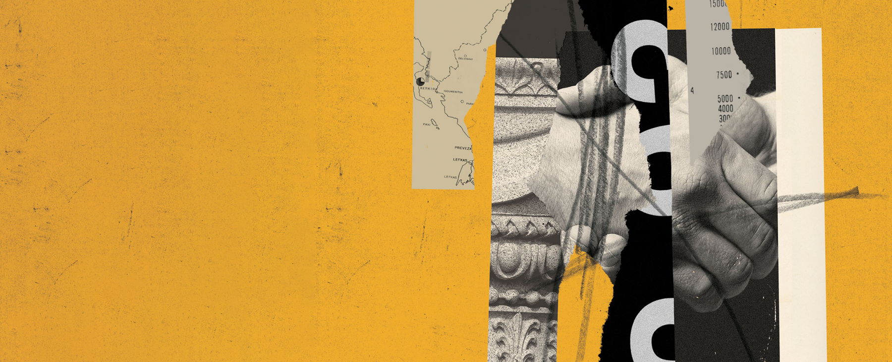 A collage image of a handshake, a map, and a colosseum on a yellow background