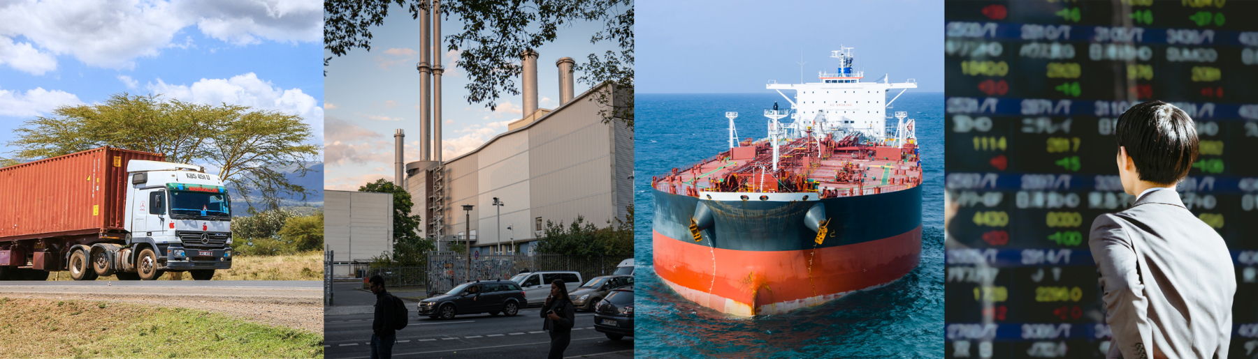 Four images featuring, from left to right, a truck, a factory, a shipping boat, and a man looking at stock prices