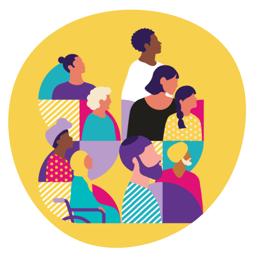 Graphic representing people of different ages and cultural dress.