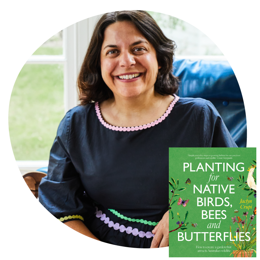 Image: Author and gardener Jaclyn Crupi and the cover of her new book Planting for Native Birds, Bees and Butterflies.