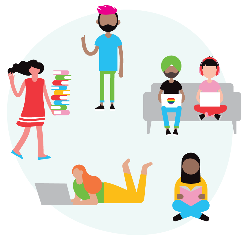 Email Image: Colourful graphic of people in different poses with books or devices.