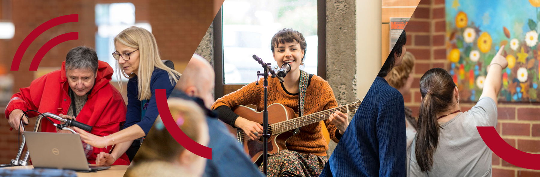 Email Image: Three photos: a person on a scooter and a library staff member looking at an open laptop, a young person playing guitar, people looking at a painting in the LibArt Gallery.