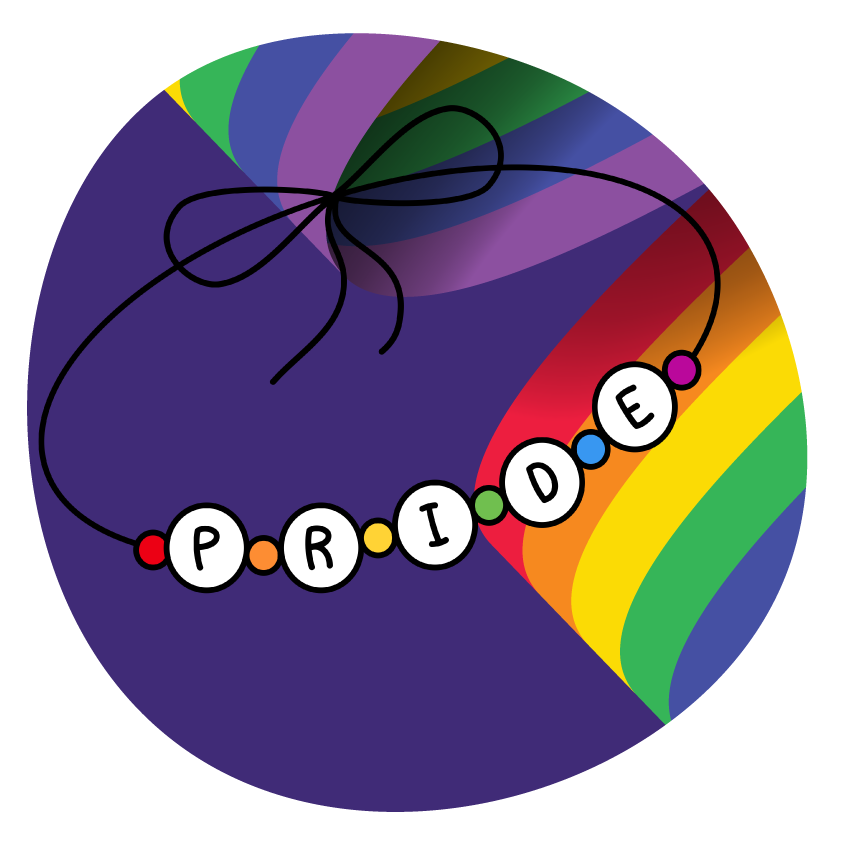 Email Image: Graphic of a beaded bracelet spelling pride, with a rainbow in the background.