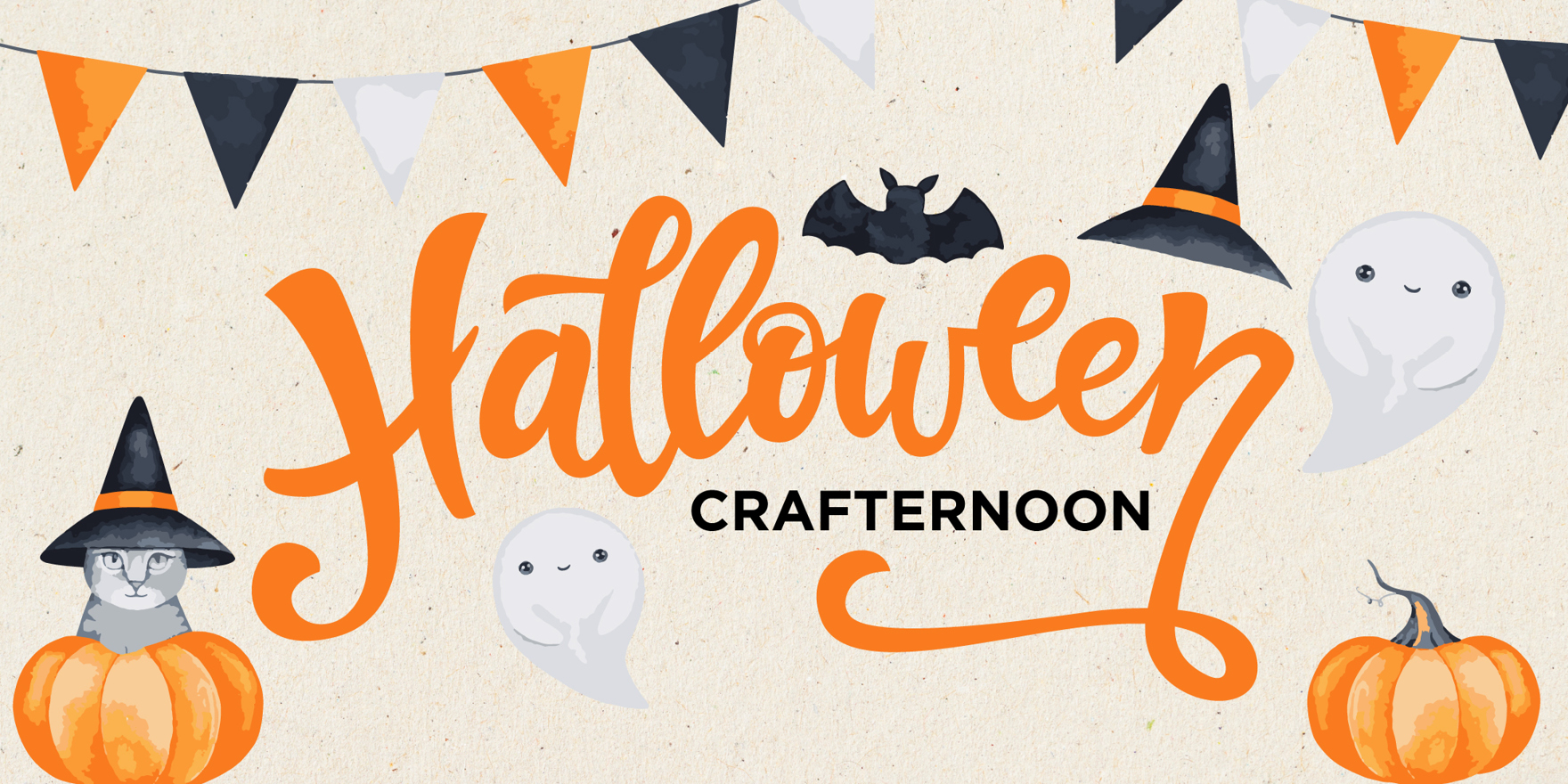 Email Image: Playful Halloween images, including pumpkins and ghosts, surround text which says Halloween Crafternoon.