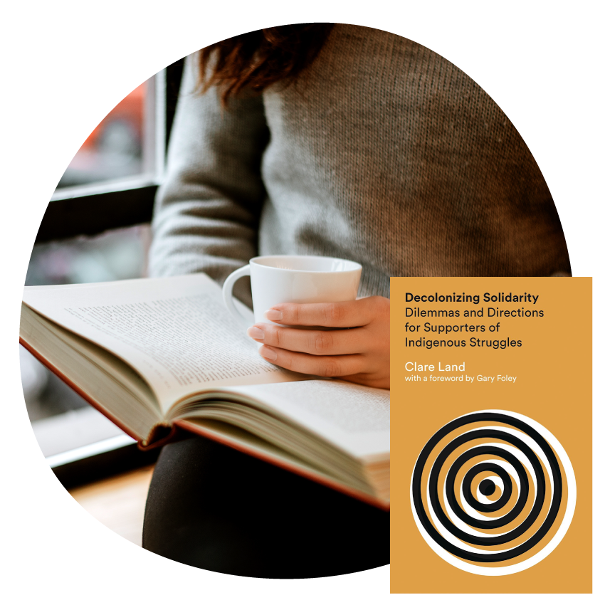 Image: A seated person holds an open book and teacup. Next to this, the book cover of Decolonizing Solidarity by Clare Land.