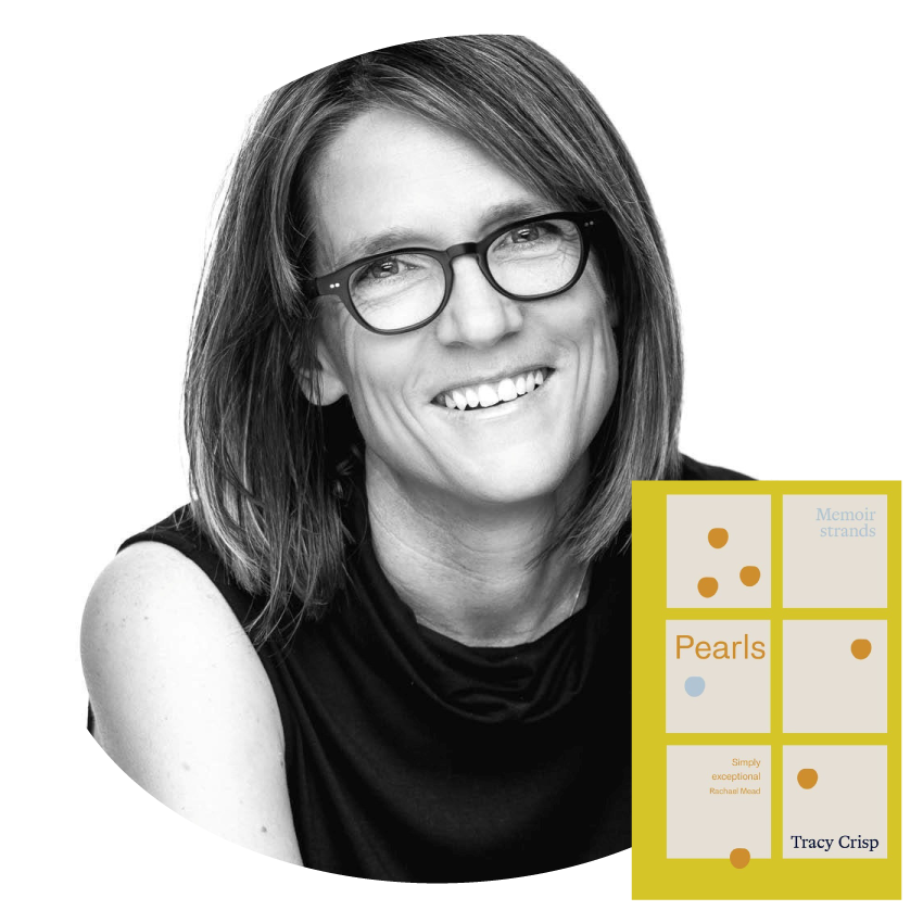 Image: Black and white photo of author Tracy Crisp smiling. Next to this, the cover of Tracy’s book Pearls.