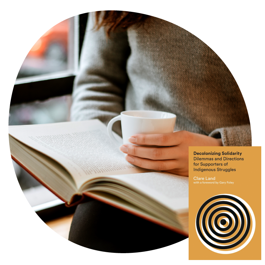 Image: A seated person holds an open book and teacup. Next to this, the book cover of Decolonizing Solidarity by Clare Land.