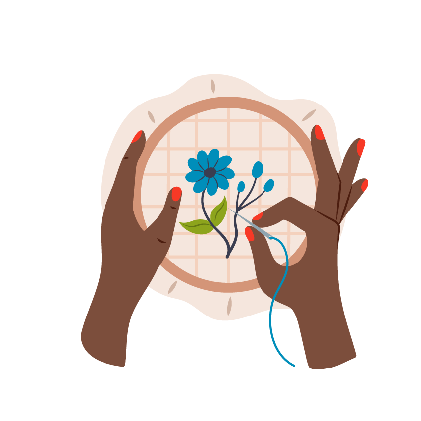 Email Image: Two hands, one holding an embroidery hoop while the other stitches a flower.