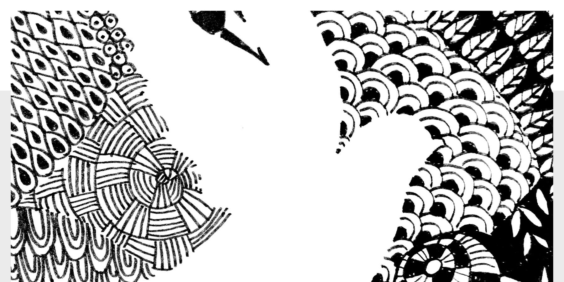 Email Image: Black and white drawing with detailed patterns and a bird shape in the centre.