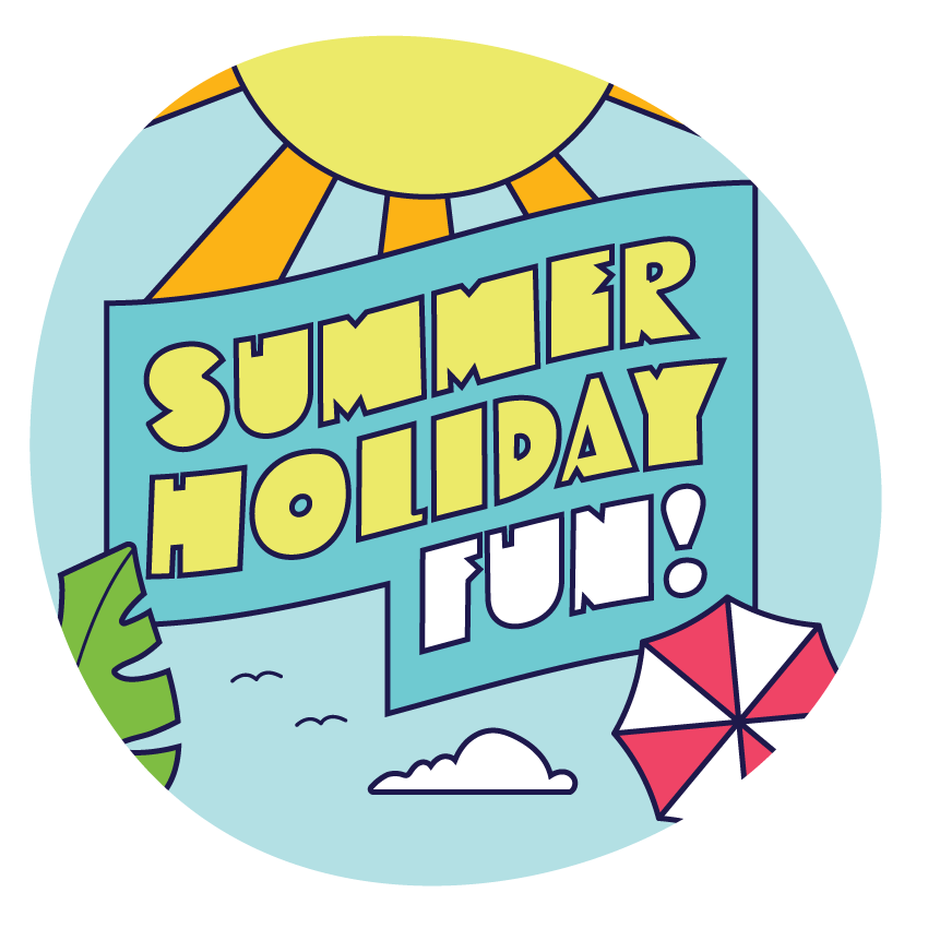 Email Image: Graphic of sun, sky, cloud, beach umbrella and leaf. Text says Summer Holiday Fun!