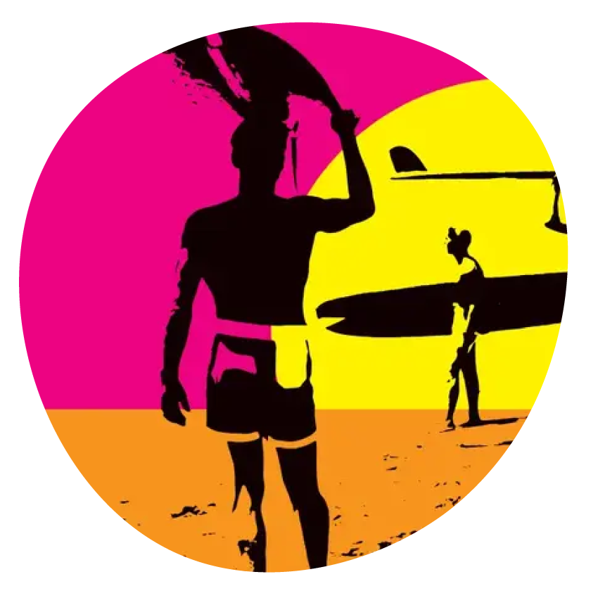 Email Image: Promotional image from the film The Endless Summer shows two people on a beach holding surfboards.