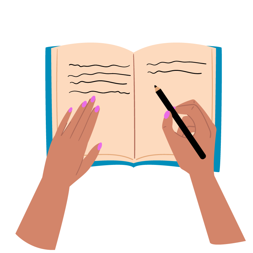 Email Image: Graphic of two hands, one holding a pencil over an open notebook with lines to suggest writing on the pages.