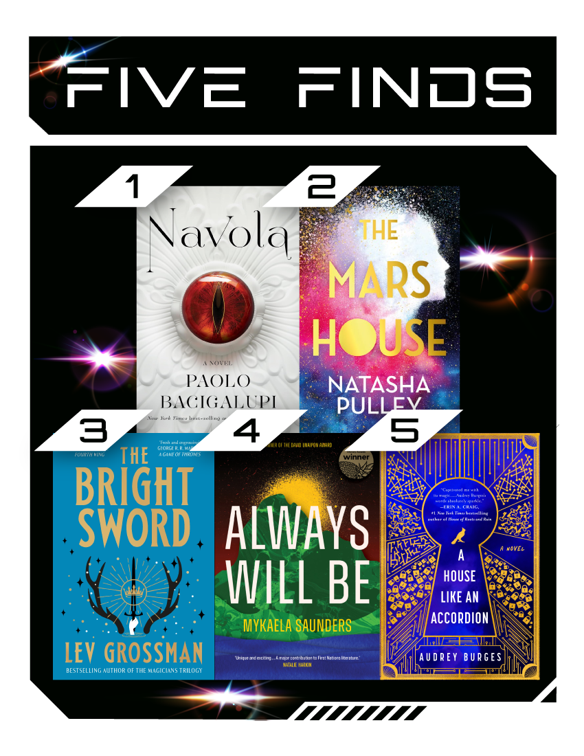 Email Image: Five numbered book covers set against a space-like backdrop. Text says Five Finds.