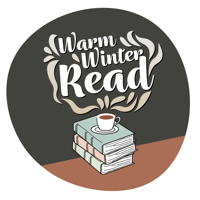 Warm Winter Read graphic of a coffee cup on top of a stack of books