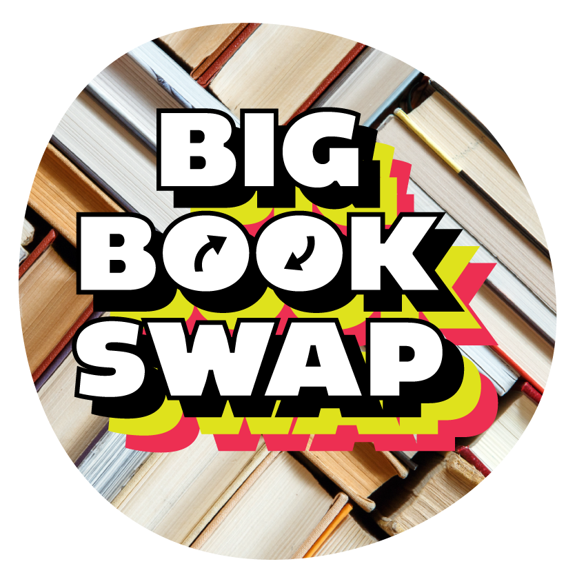 Image: Photo of books stacked on angles. The fore-edges of the books are visible.  Words say Big Book Swap.
