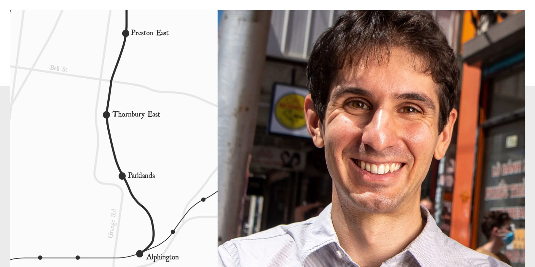 Email Image: A simple map showing a railway line with stops from Preston East to Alphington and a photo of Philip Mallis. 