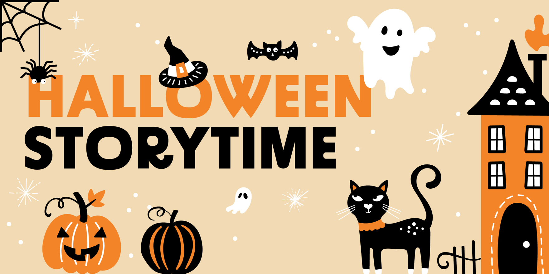Email Image: Playful Halloween images, including a haunted house, pumpkins and black cat, surround text which says Halloween Storytime.