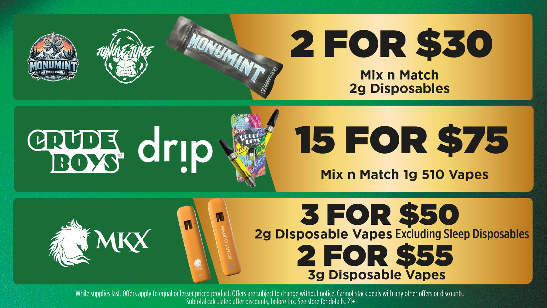 Mac Pharms Bundle	1g Cart, 200mg Gummy, 1g Concentrate, 1g Infused PR.	$34.99 Gold Tier Bundle	"1 Gold Tier 3.5g, (2) 1g Crude Boys/Drip Cart,  (2) 200mg Choice Chews, (2) 1g Paisley Trees PR"	$59.99 Silver Tier Bundle	1 Silver Tier 3.5g, 1g Common Citizen Wax, 200mg MKX Gummy, 1 Fire Styxx Infused PR	$39.99