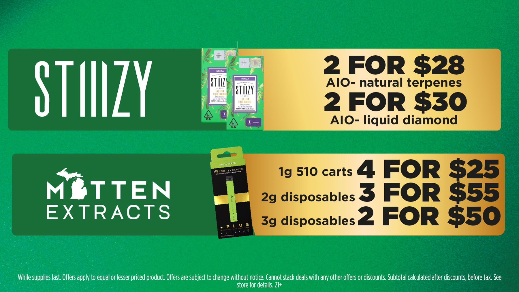Mac Pharms Bundle	1g Cart, 200mg Gummy, 1g Concentrate, 1g Infused PR.	$34.99 Gold Tier Bundle	"1 Gold Tier 3.5g, (2) 1g Crude Boys/Drip Cart,  (2) 200mg Choice Chews, (2) 1g Paisley Trees PR"	$59.99 Silver Tier Bundle	1 Silver Tier 3.5g, 1g Common Citizen Wax, 200mg MKX Gummy, 1 Fire Styxx Infused PR	$39.99