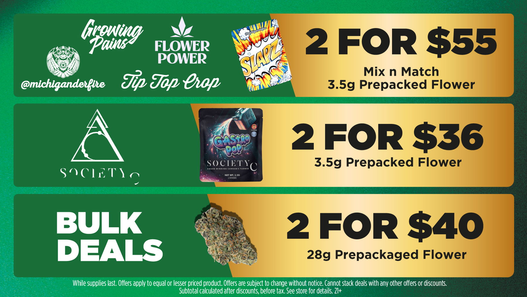Mac Pharms Bundle	1g Cart, 200mg Gummy, 1g Concentrate, 1g Infused PR.	$34.99 Gold Tier Bundle	"1 Gold Tier 3.5g, (2) 1g Crude Boys/Drip Cart,  (2) 200mg Choice Chews, (2) 1g Paisley Trees PR"	$59.99 Silver Tier Bundle	1 Silver Tier 3.5g, 1g Common Citizen Wax, 200mg MKX Gummy, 1 Fire Styxx Infused PR	$39.99