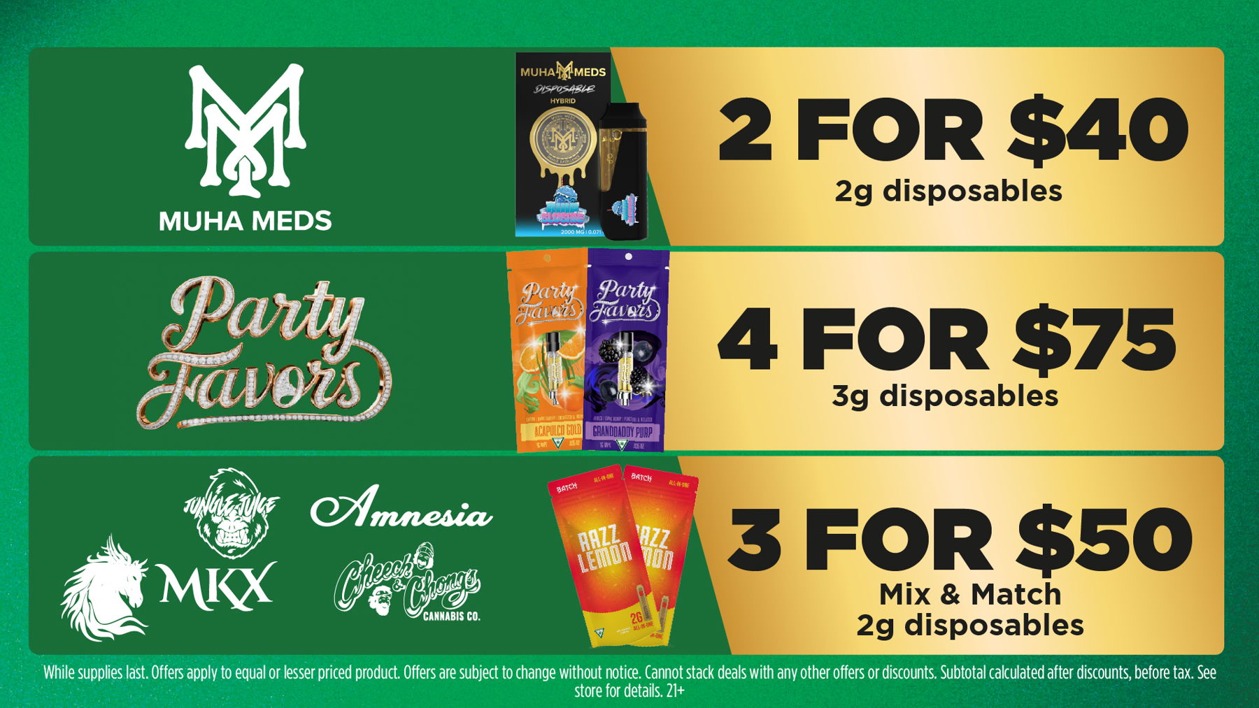 Mac Pharms Bundle	1g Cart, 200mg Gummy, 1g Concentrate, 1g Infused PR.	$34.99 Gold Tier Bundle	"1 Gold Tier 3.5g, (2) 1g Crude Boys/Drip Cart,  (2) 200mg Choice Chews, (2) 1g Paisley Trees PR"	$59.99 Silver Tier Bundle	1 Silver Tier 3.5g, 1g Common Citizen Wax, 200mg MKX Gummy, 1 Fire Styxx Infused PR	$39.99