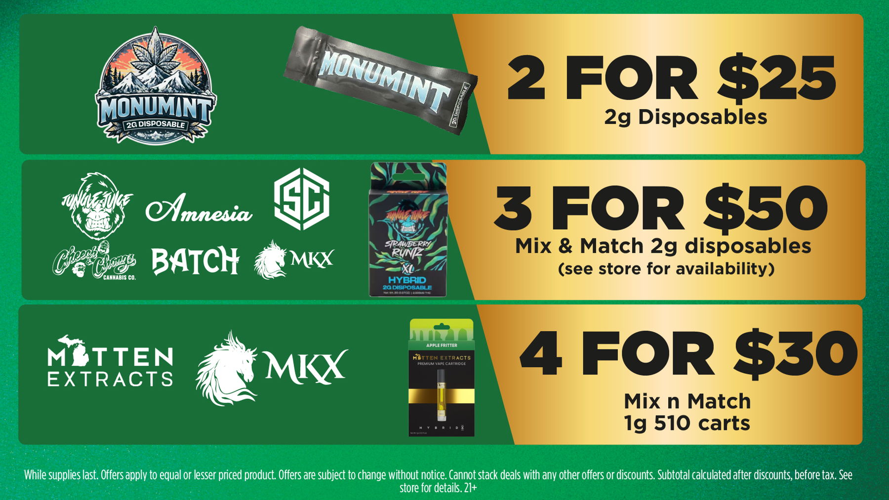 Mac Pharms Bundle	1g Cart, 200mg Gummy, 1g Concentrate, 1g Infused PR.	$34.99 Gold Tier Bundle	"1 Gold Tier 3.5g, (2) 1g Crude Boys/Drip Cart,  (2) 200mg Choice Chews, (2) 1g Paisley Trees PR"	$59.99 Silver Tier Bundle	1 Silver Tier 3.5g, 1g Common Citizen Wax, 200mg MKX Gummy, 1 Fire Styxx Infused PR	$39.99