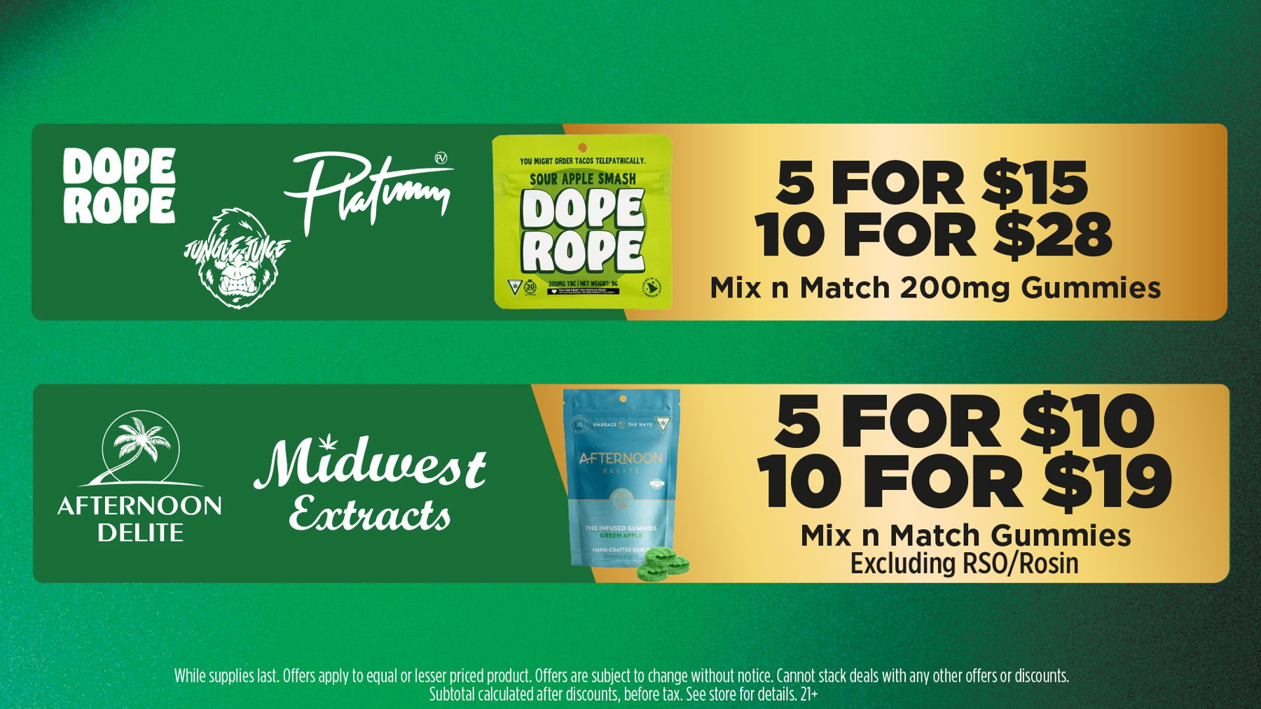 Mac Pharms Bundle	1g Cart, 200mg Gummy, 1g Concentrate, 1g Infused PR.	$34.99 Gold Tier Bundle	"1 Gold Tier 3.5g, (2) 1g Crude Boys/Drip Cart,  (2) 200mg Choice Chews, (2) 1g Paisley Trees PR"	$59.99 Silver Tier Bundle	1 Silver Tier 3.5g, 1g Common Citizen Wax, 200mg MKX Gummy, 1 Fire Styxx Infused PR	$39.99
