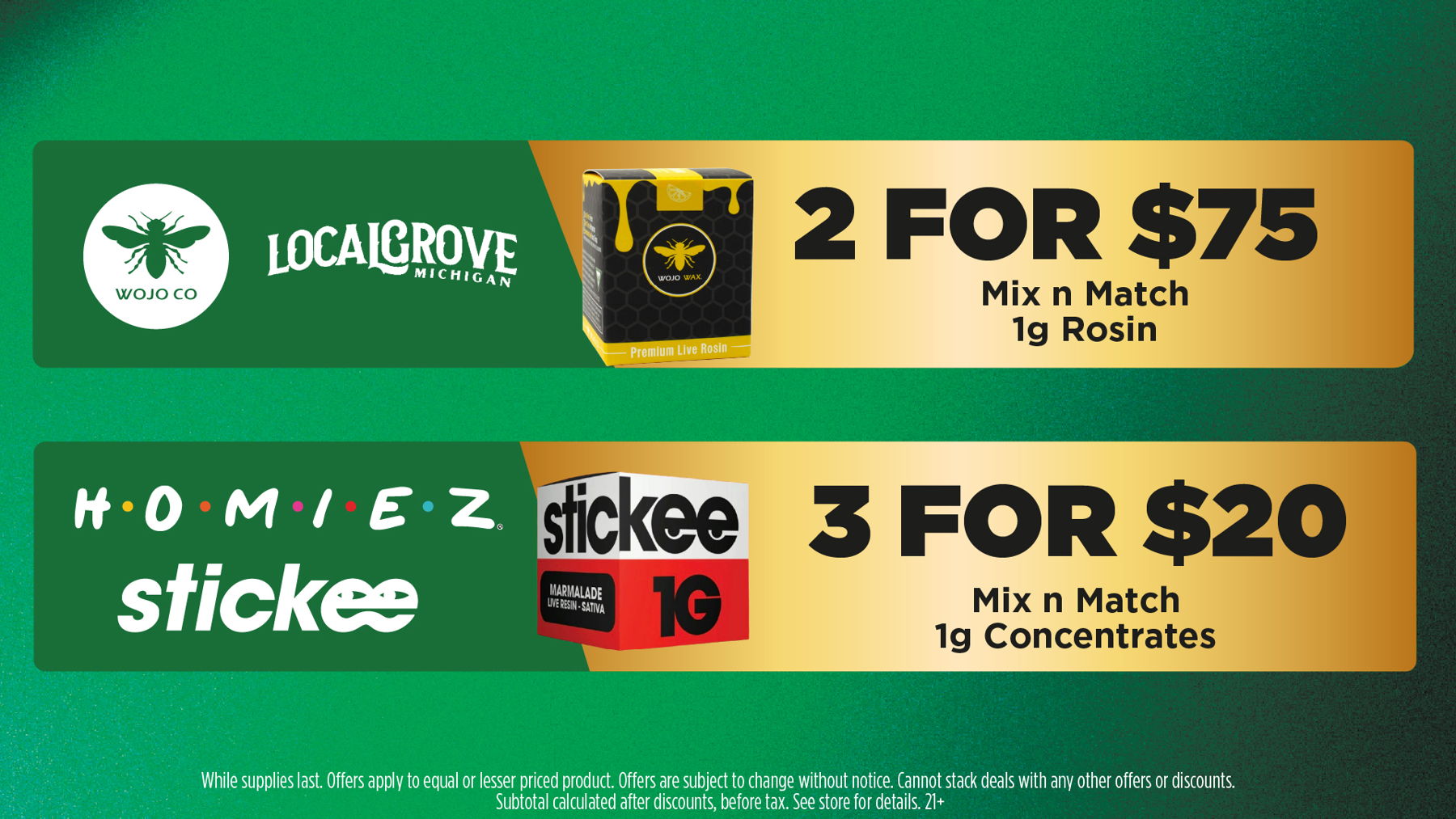 Mac Pharms Bundle	1g Cart, 200mg Gummy, 1g Concentrate, 1g Infused PR.	$34.99 Gold Tier Bundle	"1 Gold Tier 3.5g, (2) 1g Crude Boys/Drip Cart,  (2) 200mg Choice Chews, (2) 1g Paisley Trees PR"	$59.99 Silver Tier Bundle	1 Silver Tier 3.5g, 1g Common Citizen Wax, 200mg MKX Gummy, 1 Fire Styxx Infused PR	$39.99