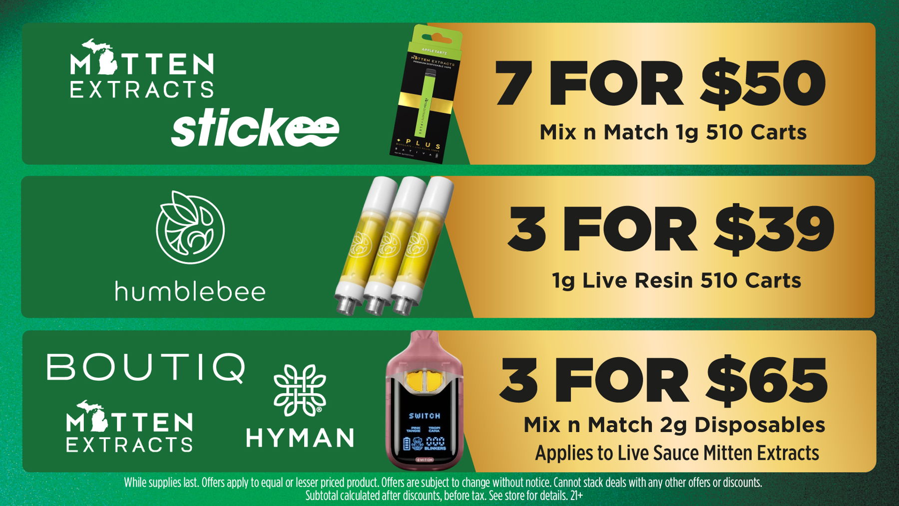 Mac Pharms Bundle	1g Cart, 200mg Gummy, 1g Concentrate, 1g Infused PR.	$34.99 Gold Tier Bundle	"1 Gold Tier 3.5g, (2) 1g Crude Boys/Drip Cart,  (2) 200mg Choice Chews, (2) 1g Paisley Trees PR"	$59.99 Silver Tier Bundle	1 Silver Tier 3.5g, 1g Common Citizen Wax, 200mg MKX Gummy, 1 Fire Styxx Infused PR	$39.99