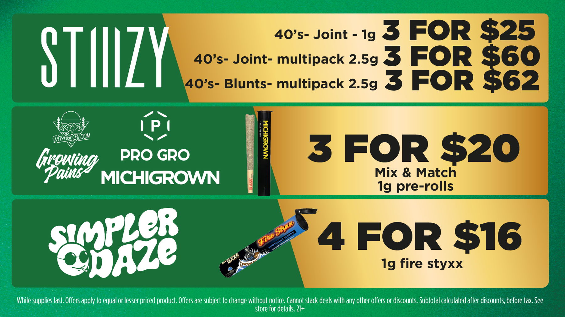 Mac Pharms Bundle	1g Cart, 200mg Gummy, 1g Concentrate, 1g Infused PR.	$34.99 Gold Tier Bundle	"1 Gold Tier 3.5g, (2) 1g Crude Boys/Drip Cart,  (2) 200mg Choice Chews, (2) 1g Paisley Trees PR"	$59.99 Silver Tier Bundle	1 Silver Tier 3.5g, 1g Common Citizen Wax, 200mg MKX Gummy, 1 Fire Styxx Infused PR	$39.99