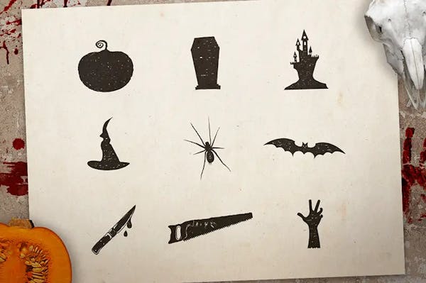 Nine black Halloween Badges