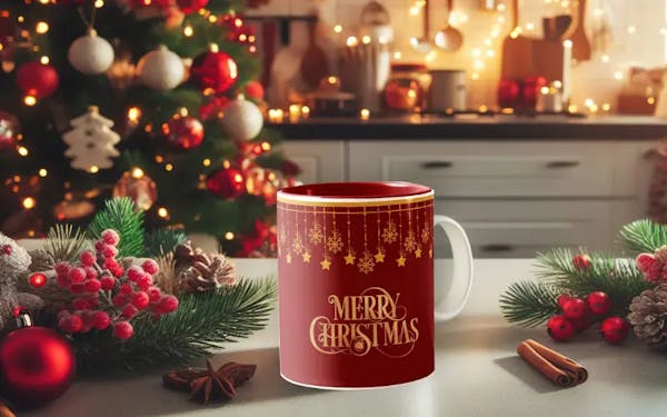 Christmas paper background adding charm to a custom holiday mug.