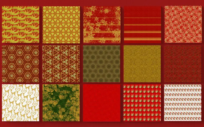 Vintage holiday patterns collage with stars, wreaths, and bells.