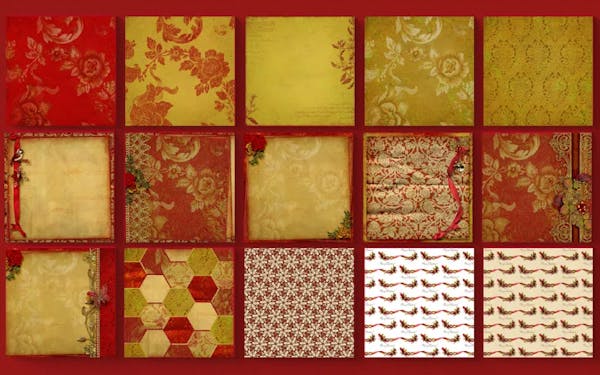 Assorted festive patterns in reds, greens, and golds for creative Christmas designs.