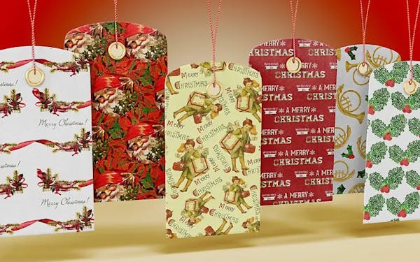 Christmas paper background transformed into unique gift tags.