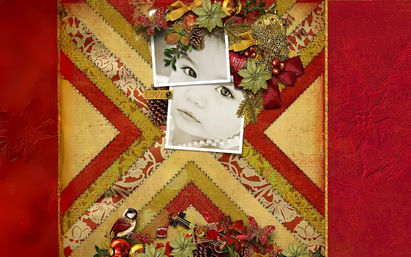 Cozy holiday photos framed with seasonal patterns.