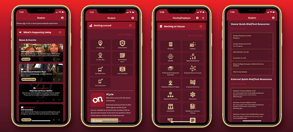 Various sections of a Vassar Mobile home screen