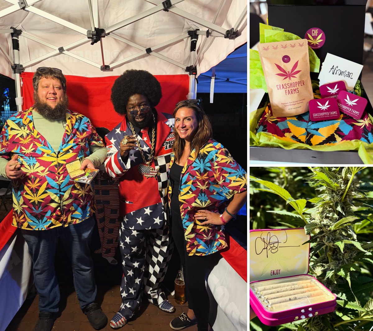Afroman with the Grasshopper Farms team, his care package, and a signed tin